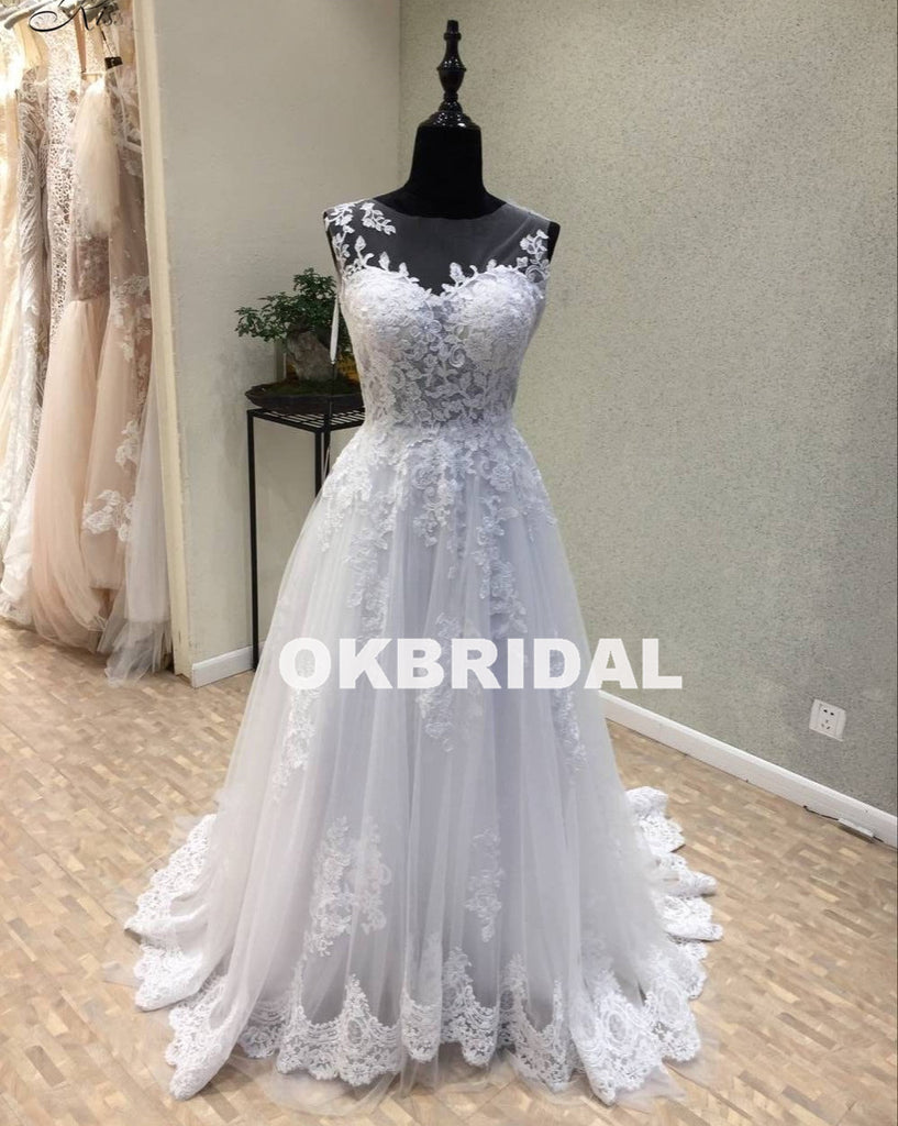 Long Tulle Cheap Applique Wedding Dresses, A-Line Lace Wedding Dresses, KX1092