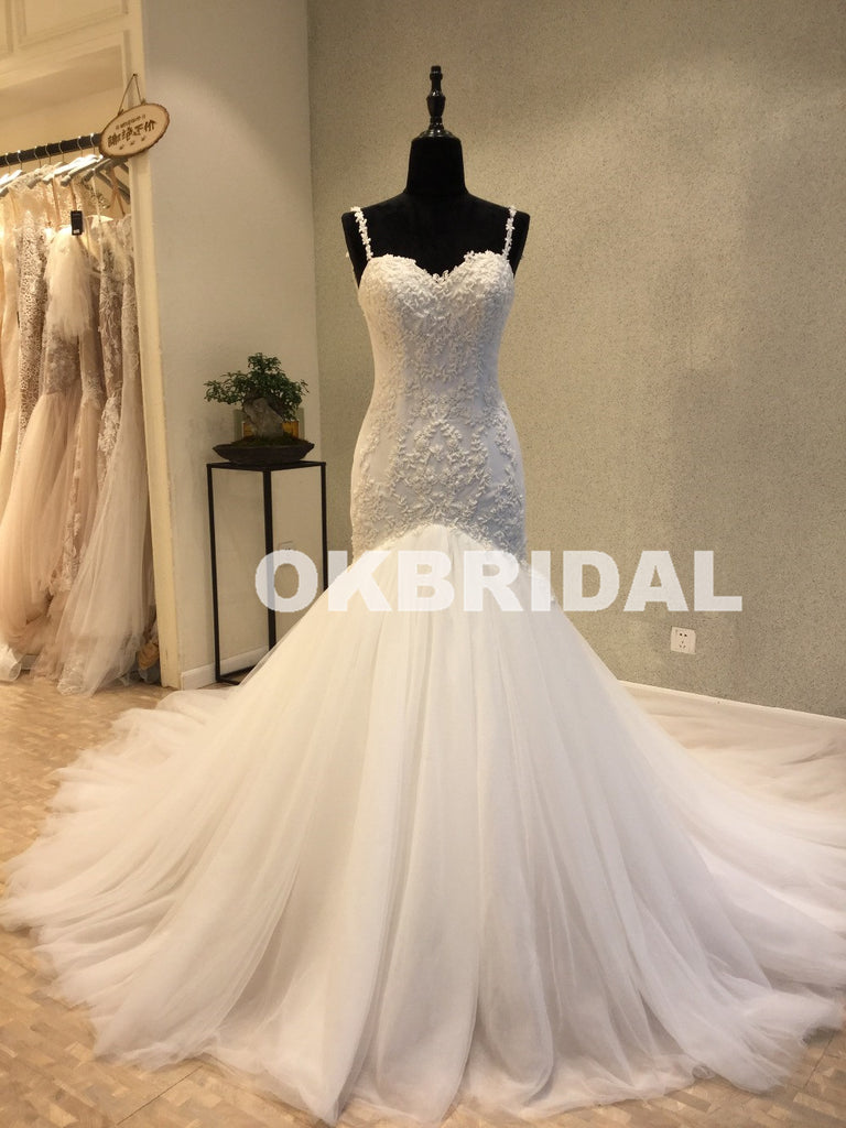 Charming Mermaid Backless Wedding Dresses, Tulle Sleeveless Lace Wedding Dresses, KX1093