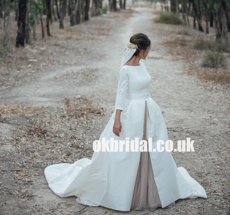 Long Sleeve Wedding Dress with Detachable Satin Skirt, Tulle A-Line Wedding Dress, KX1126