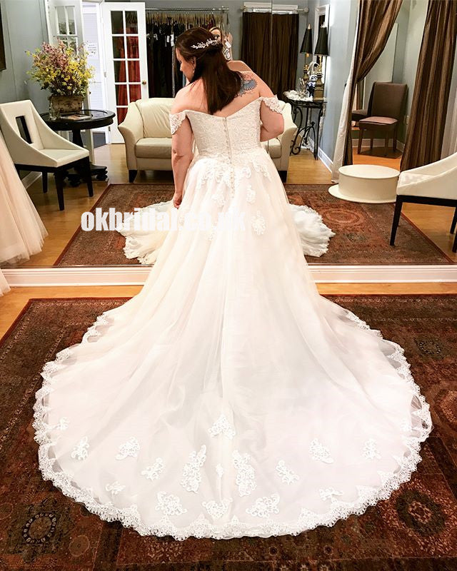 Charming White Lace Off Shoulder Wedding Dress, A-Line Tulle Backless Wedding Dress, KX1274