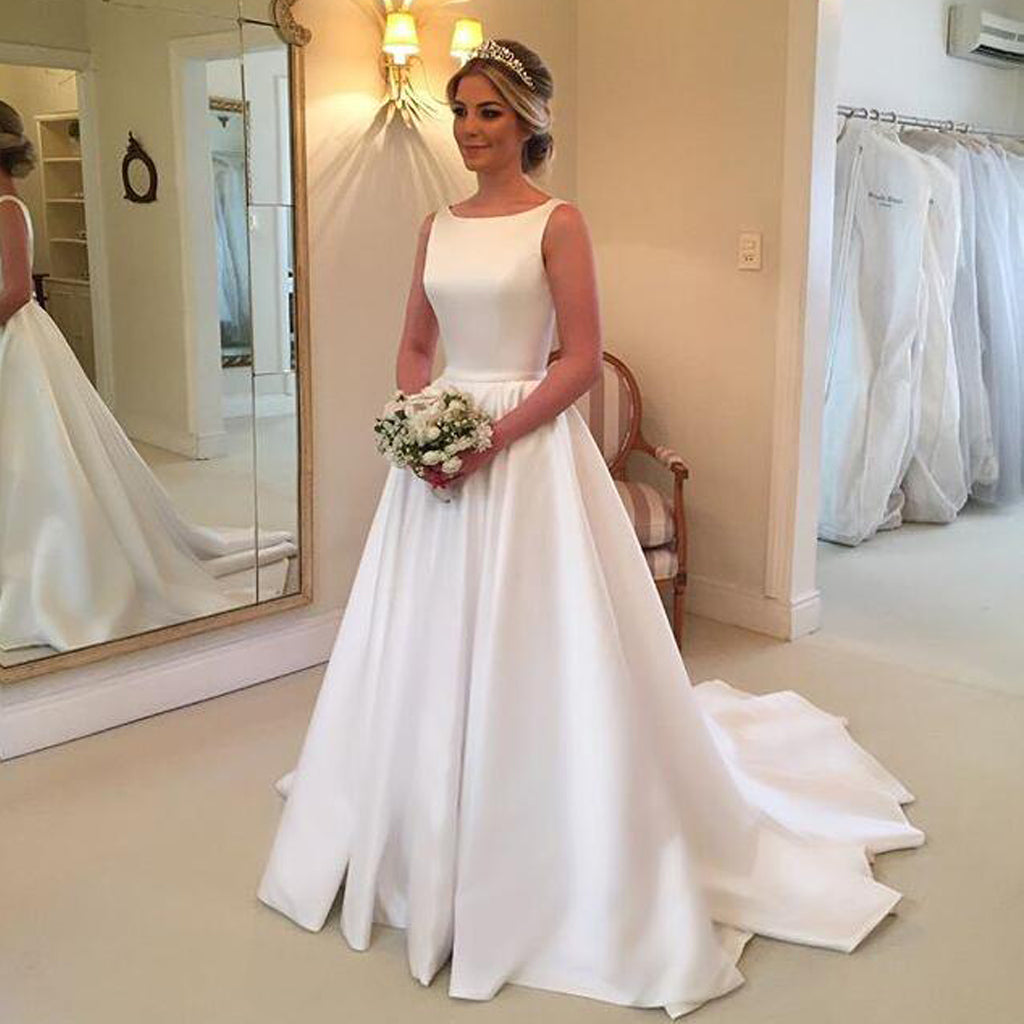 Charming Satin Simple Design A-Line Backless Gorgeous Wedding Dresses, KX1345