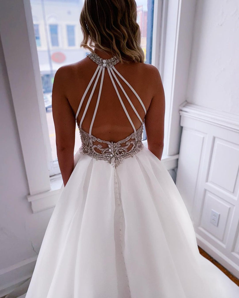 Custom A-line Halter Backless Organza Beaded Beach Wedding Dresses, FC6001-1