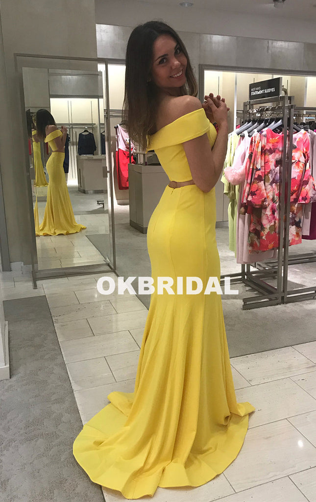 Yellow Mermaid Cheap Prom Dresses, Off Shoulder Two Pieces Prom Dresses, KX839